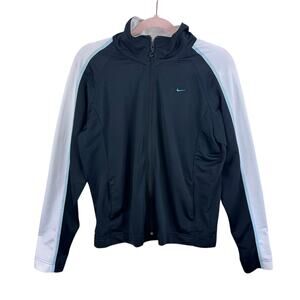 Nike Vtg 90s Black White Blue Full Zip Mock Neck Mesh Athletic Jacket Women's XL